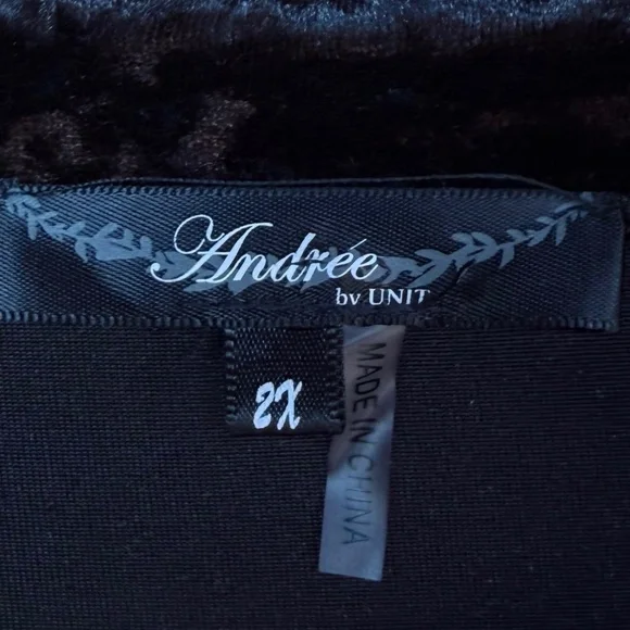 Andree by Unit Black Crushed Velvet Blue Floral Embroidered Blouse Sz 2XL - Picture 6 of 7